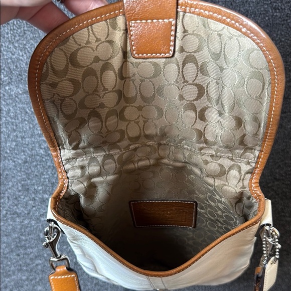 Coach Buckle Small White and Brown Trim Leather Crossbody Bag - Picture 11 of 14